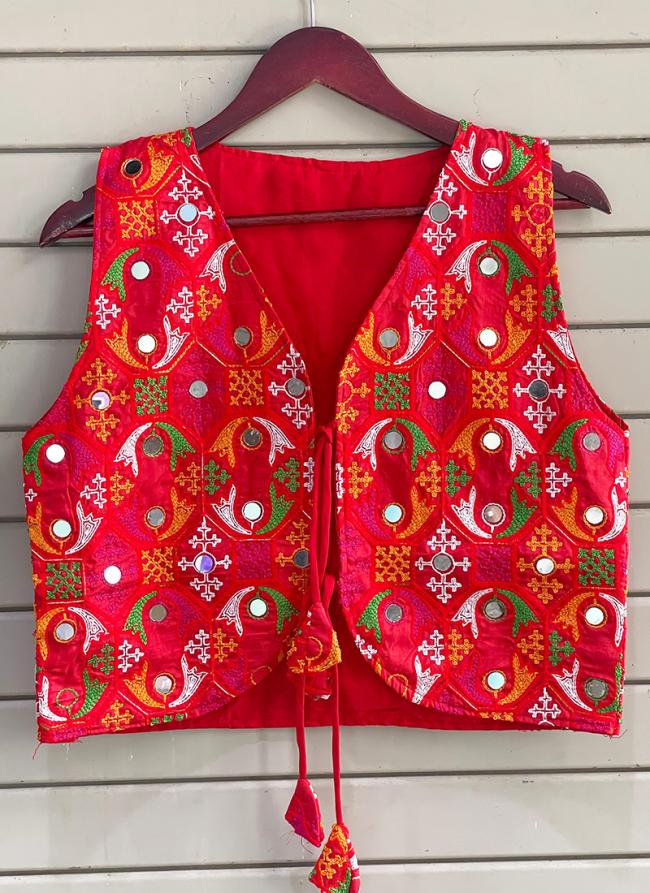 Silk Red Navratri Wear Mirror Work Readymade Blouse